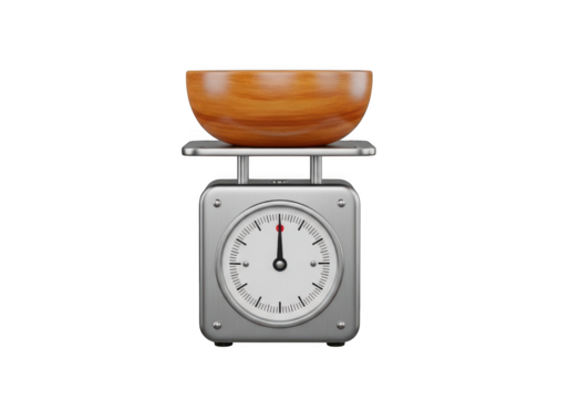 Wooden bowl on a kitchen scale isolated on transparent background