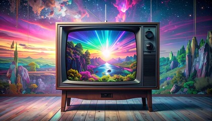 An old television displaying a vibrant, surreal landscape against a backdrop of similar painted scenery