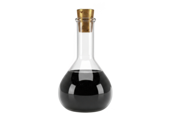 Glass flask with dark liquid and cork stopper isolated isolated on transparent background