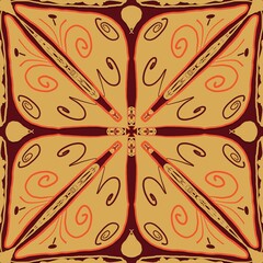 abstract background with butterflies,brown, orange curves ,painted create to flowershape, leaves,red background in geometric patterns as sarong,fabric,tile,printed fabric,batik,tablecloth patterns.