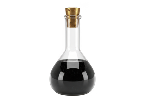 Glass flask with dark liquid and cork stopper isolated isolated on transparent background