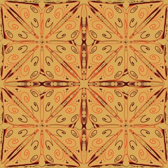 abstract seamless pattern,brown, orange curves ,painted create to flowershape, leaves,red background in geometric patterns as sarong,fabric,tile,printed fabric,batik,tablecloth patterns.