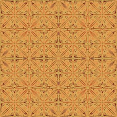 seamless pattern with geometric shapes,brown, orange curves ,painted create to flowershape, leaves,red background in geometric patterns as sarong,fabric,tile,printed fabric,batik,tablecloth patterns.