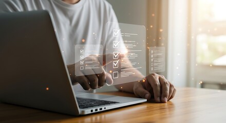 Businessman using a laptop with a virtual screen to complete tasks on a digital checklist. Concept of productivity, efficiency, and project management