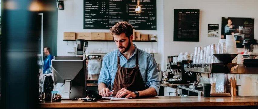 Busy barista at coffee shop meticulously managing orders and daily tasks with dedication