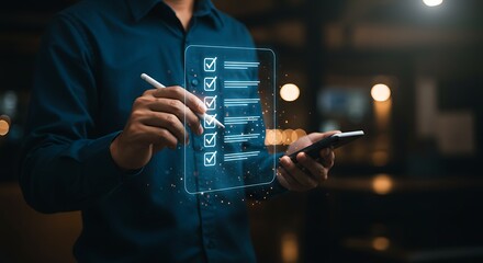 Completing tasks with modern tech. A person uses a smart pen to check items on a virtual to-do list, symbolizing project management and goal achievement