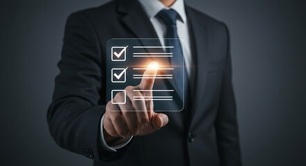 Manager using a touch interface to complete a digital work plan. Focus on efficiency, task management, corporate objectives, and smart business solutions