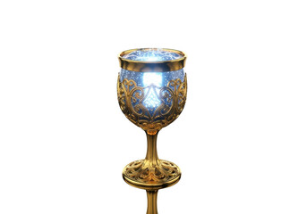 Ornate golden chalice with blue glowing liquid isolated on transparent background