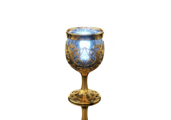Ornate golden chalice with blue glowing liquid isolated on transparent background