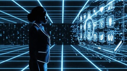 Elegant businesswoman interacts with futuristic interface in digital world, touching icons with glowing hand, navigating virtual reality experience - Powered by Adobe