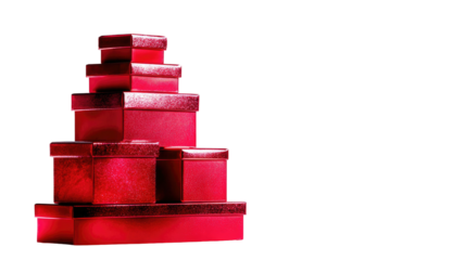 Stack of red boxes, varied sizes, Christmas tree shape