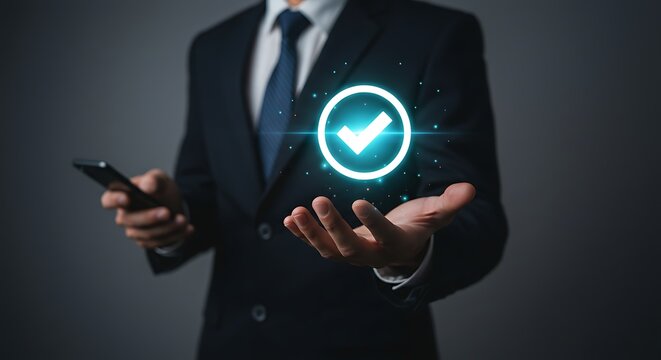 Businessman holds a glowing check mark, symbolizing quality assurance, ISO certification, and the successful completion of a business project