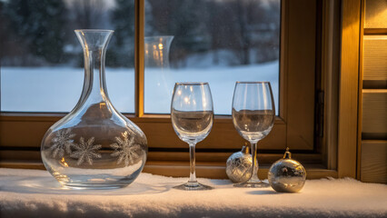 Glass Carafe and Wine Glasses on Snowy Windowsill