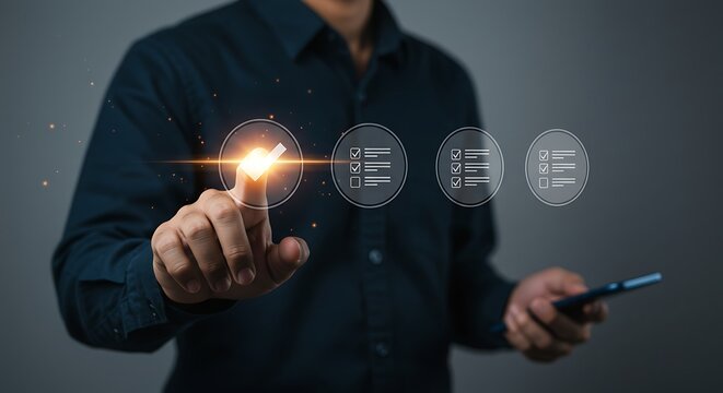 Quality control and standards concept. Hand pointing at a glowing checkmark, representing verification, approval, and meeting business requirements
