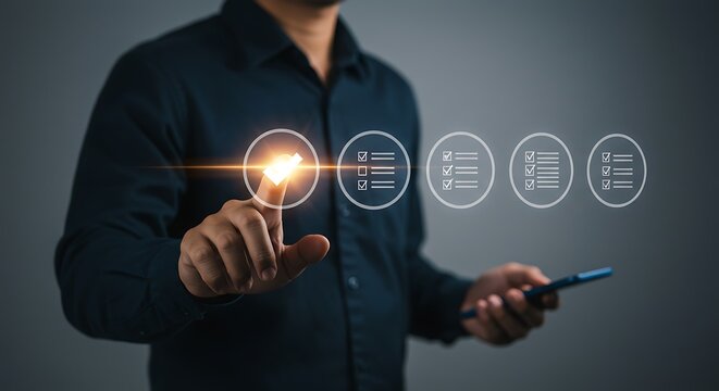Man using a futuristic interface to mark tasks as complete on a digital to-do list, symbolizing productivity, efficiency, and goal achievement - Powered by Adobe
