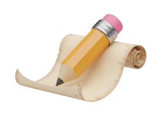 Pencil on a rolled scroll isolated on transparent background
