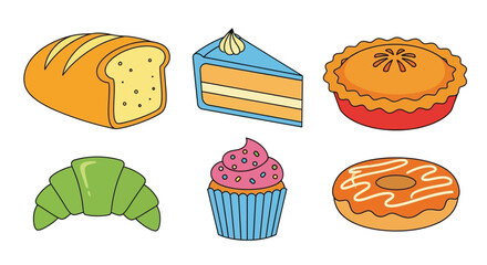 Colorful cartoon illustration featuring various baked goods and sweet treats