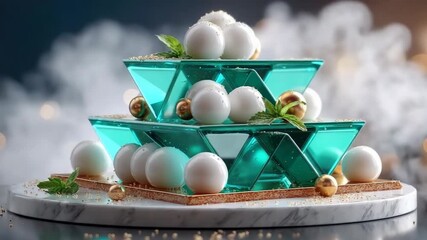 Contemporary abstract Christmas tree of emerald glass on a rotating marble base, decorated with ivory spheres, metallic accents and pale green foliage against smoky bokeh lights - Powered by Adobe