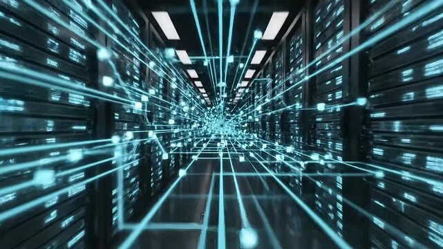 Dynamic server room with glowing network cables transmitting data, modern data center animation for technology companies and innovative digital solutions - Powered by Adobe