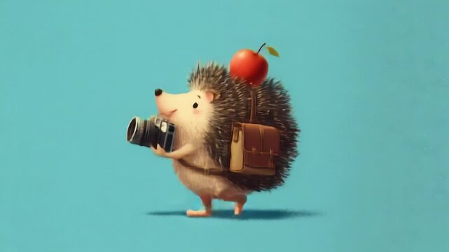 A Charming Hedgehog Embarks on a Photographic Adventure with a Camera and Apple, Capturing Whimsical Moments in a Colorful World
