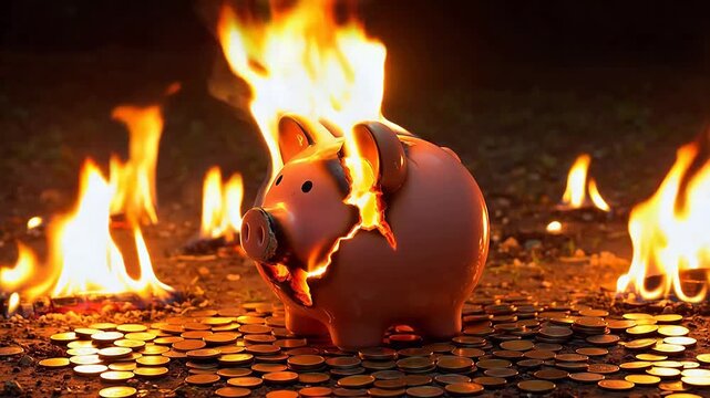 In the Dark Night, a Piggy Bank Is Engulfed by Flames&mdash;Its Body Cracked Open by the Fire, Coins Scattered All Over the Ground, Symbolizing Severe Financial Loss and Irreversible Financial Destruction