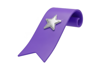 Purple ribbon bookmark with star isolated on transparent background