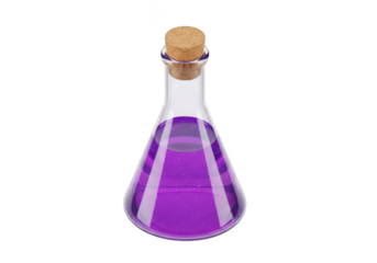 Purple liquid in flask with cork isolated on transparent background