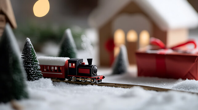 A miniature world, a toy train chugs through snowy hills, past tiny trees and houses, delivering holiday cheer in a festive, enchanting winter scene. A timeless image of joy!