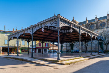 Metal market halls in the medieval town of Mirepoix, in Ariège, Occitanie, France