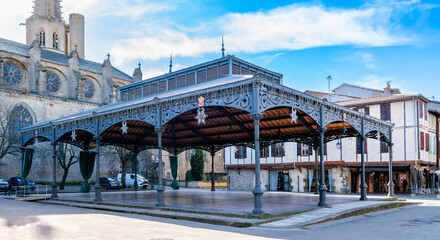 Metal market halls in the medieval town of Mirepoix, in Ariège, Occitanie, France