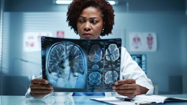 African American Doctor Examines Brain Scan in Clinic Analyzing Neurological Disorder and Cognitive Functioning in a Medical