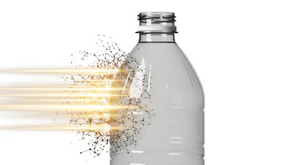 Empty plastic bottle dissolving into a glowing abstract digital network.