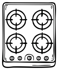 Fototapeta premium Cartoon stove top with four burners and knobs, hand drawn black outline