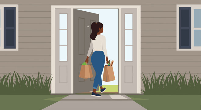 Convenient grocery delivery arrives at home as woman unloads shopping bags, promising fresh ingredients and stress-free meal prep for healthy family meals