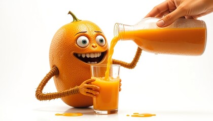 Funny animated orange character happily pouring fresh juice into a glass, vibrant and playful concept with bright colors on a white background
