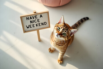 Happy Friday cat standing beside small Have a Nice Weekend sign