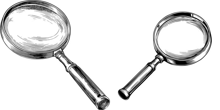 A modern illustration of a magnifying glass is depicted as a symbol, logo, or icon, isolated on a white background as clipart