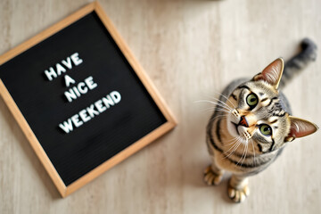 Happy Friday curious cat looking at Have a Nice Weekend board