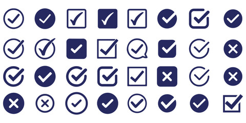 Check tick mark icon set. Cross box x check mark checkbox v list vector draw hand drawn sketch doodle brush marker checklist symbol wrong right circle. Vector Illustration