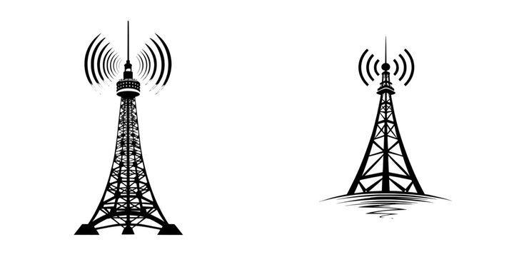 Modern illustration of a signal tower shadow icon representing wireless technology network and antenna wave radio