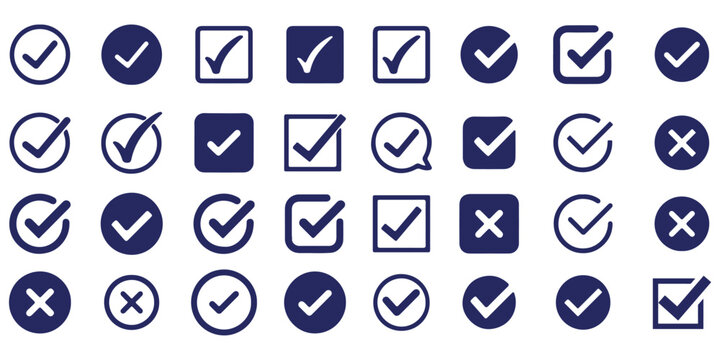 Check tick mark icon set. Cross box x check mark checkbox v list vector draw hand drawn sketch doodle brush marker checklist symbol wrong right circle. Vector Illustration