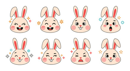 Set of charming cartoon rabbit emoticons and emojis showing a range of feelings for playful graphic design.
