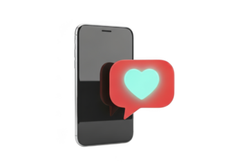 Smartphone displaying a glowing heart notification isolated on transparent background