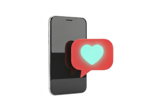 Smartphone displaying a glowing heart notification isolated on transparent background