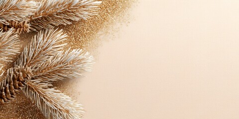 Minimalist Christmas background with frosted pine branches and golden glitter on a beige textured surface. Perfect for elegant holiday cards, invitations, or festive banners.