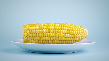 Freshly boiled corn on the cob presented on a white plate against a soft grey backdrop, highlighting its vibrant yellow hue