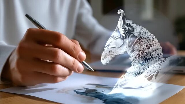 Anonymous illustrator's hand with pen while defocused and crystal clear Norse ship figurehead drawing visible, with copy space