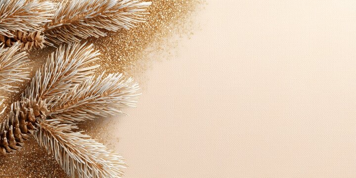 Minimalist Christmas background with frosted pine branches and golden glitter on a beige textured surface. Perfect for elegant holiday cards, invitations, or festive banners.