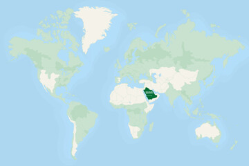 Saudi Arabia Highlighted on World Map with National Flag. Saudi Arabia Map and Flag.