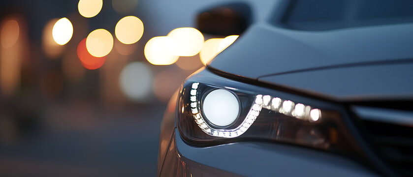 Close-up of a modern vehicle's headlight with a cityscape blurred in the background; highlighting the car's design and lighting technology at night. - Powered by Adobe